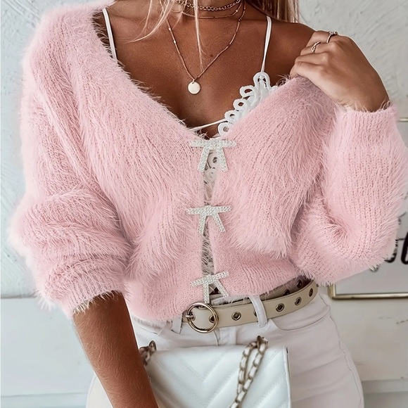 Bowknot Rhinestone Bow Knit Cardigan - Elegant Long Sleeve Crop Plush Sweater - Picture 2 of 11